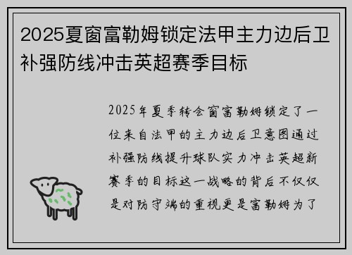 2025夏窗富勒姆锁定法甲主力边后卫补强防线冲击英超赛季目标 2025夏窗富勒姆锁定法甲主力边后卫补强防线冲击英超赛季目标