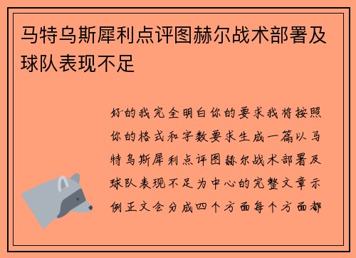 马特乌斯犀利点评图赫尔战术部署及球队表现不足 马特乌斯犀利点评图赫尔战术部署及球队表现不足